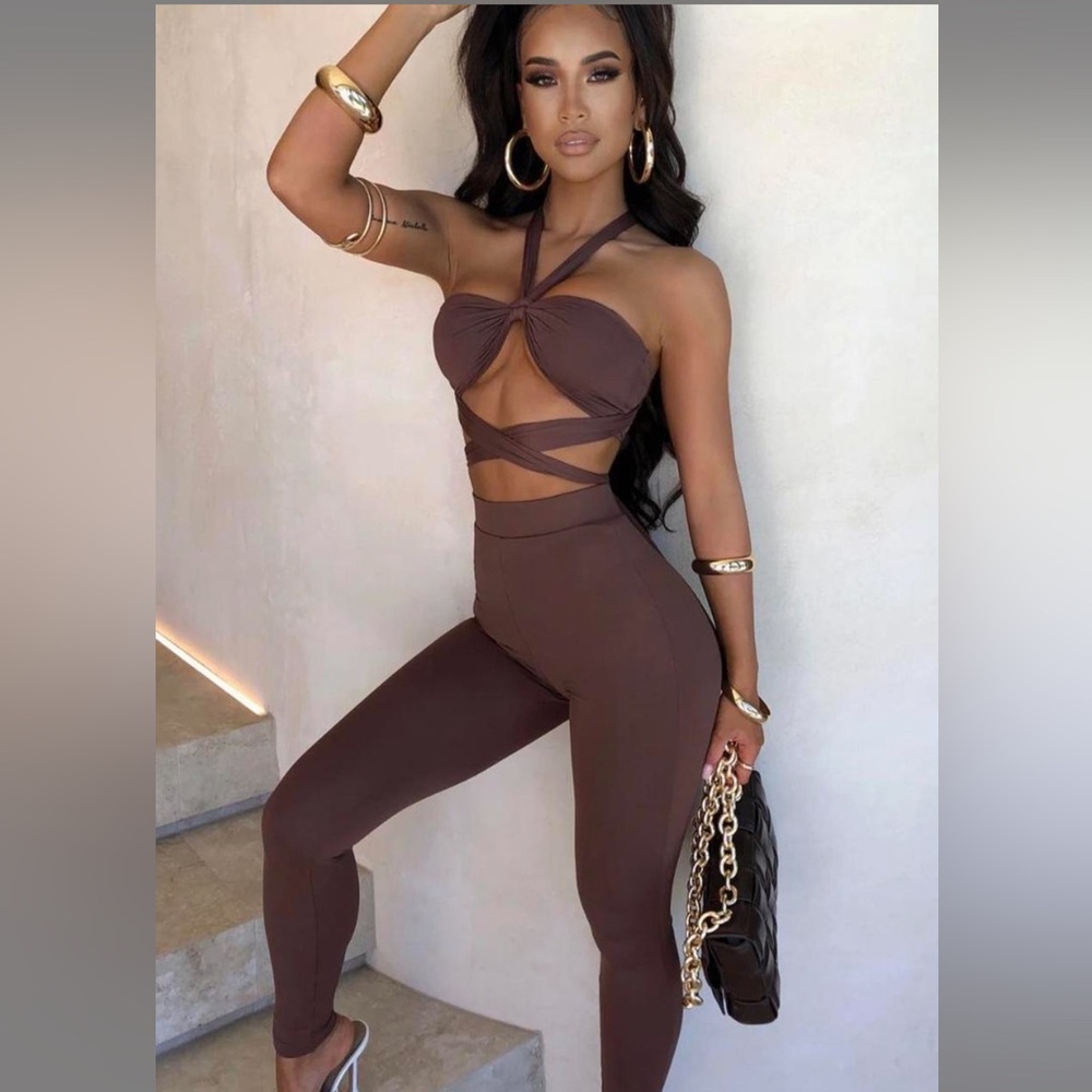 Brown Legging and Strappy Top Pant Set